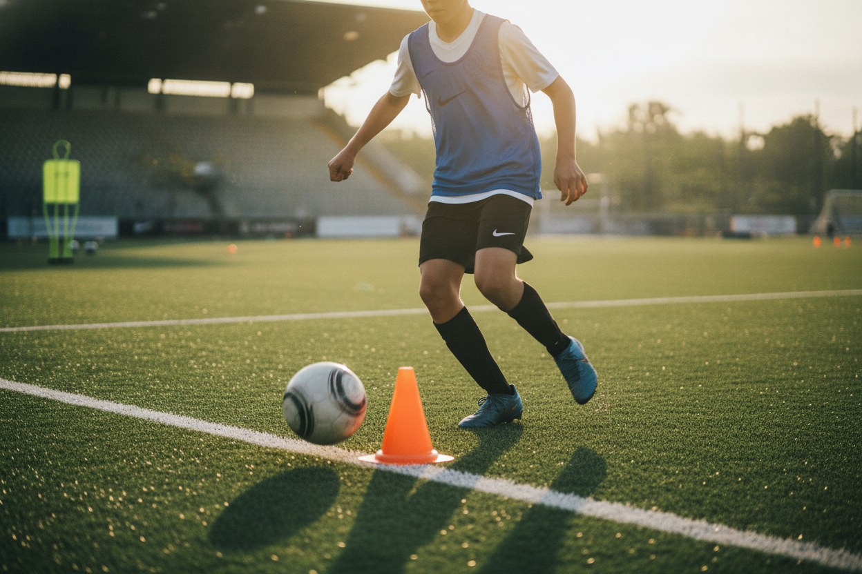 Genç futbolcu top sürme hareketi