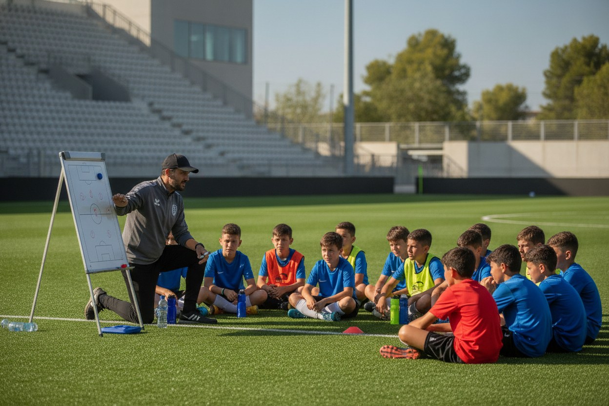 Koç genç futbolculara taktik anlatıyor